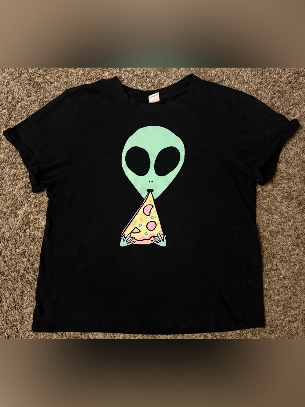 Electric PINK Alien Eating Pizza Neon Graphic Black Tee